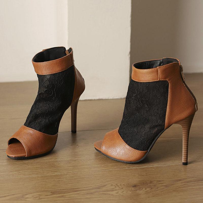 Custom Peep Toe Boots Sandals for Women Fashion Lace Patchwork Summer Women's Shoes Ladies Party Shoes 10.5CM Thin Heels WSH5266