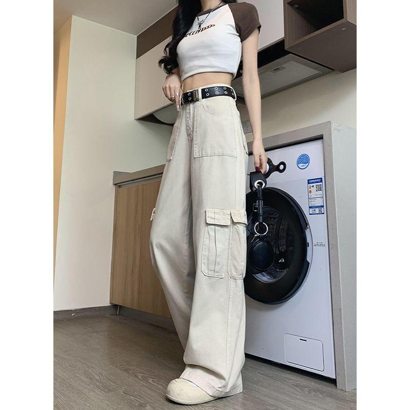 Womens High Waist Beige Cargo Wide Leg Jeans Casual Loose Streetwear Denim Trousers Y2K Style