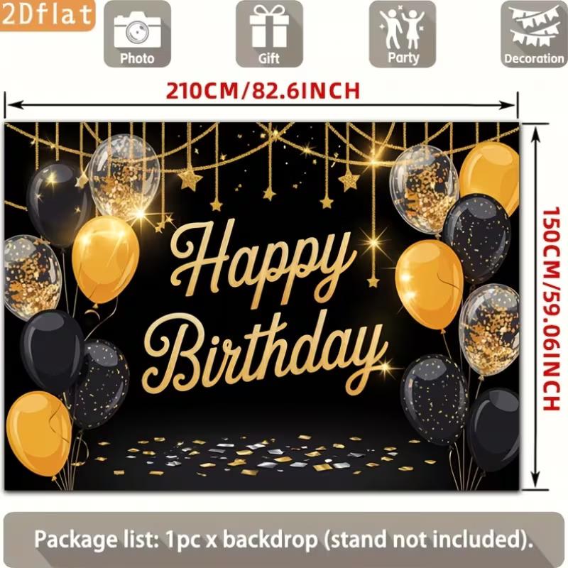 2D Black Gold Balloon Happy Birthday Backdrop Banner Photo Booth Background