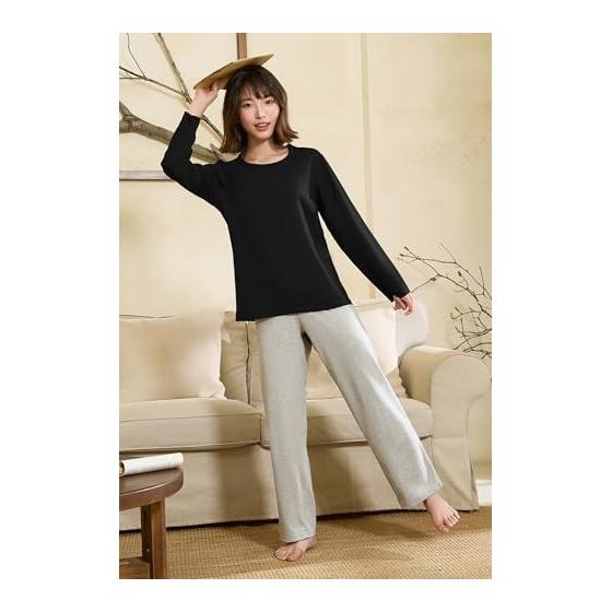 [Vulcanodon] Women's Room Wear, Setup, Cotton Blend, Pockets, Long Sleeves, Round Collar, Pajamas, Top and Bottom Set, Loose, Soft, Comfortable,