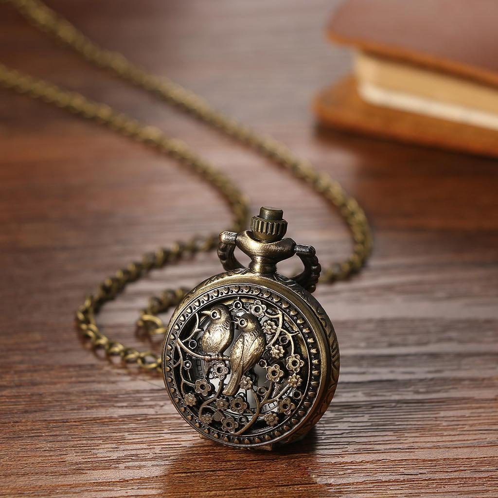 Pocket Watch Bird Antique Analog Display Waterproof Pendant Necklace Chain Bronze