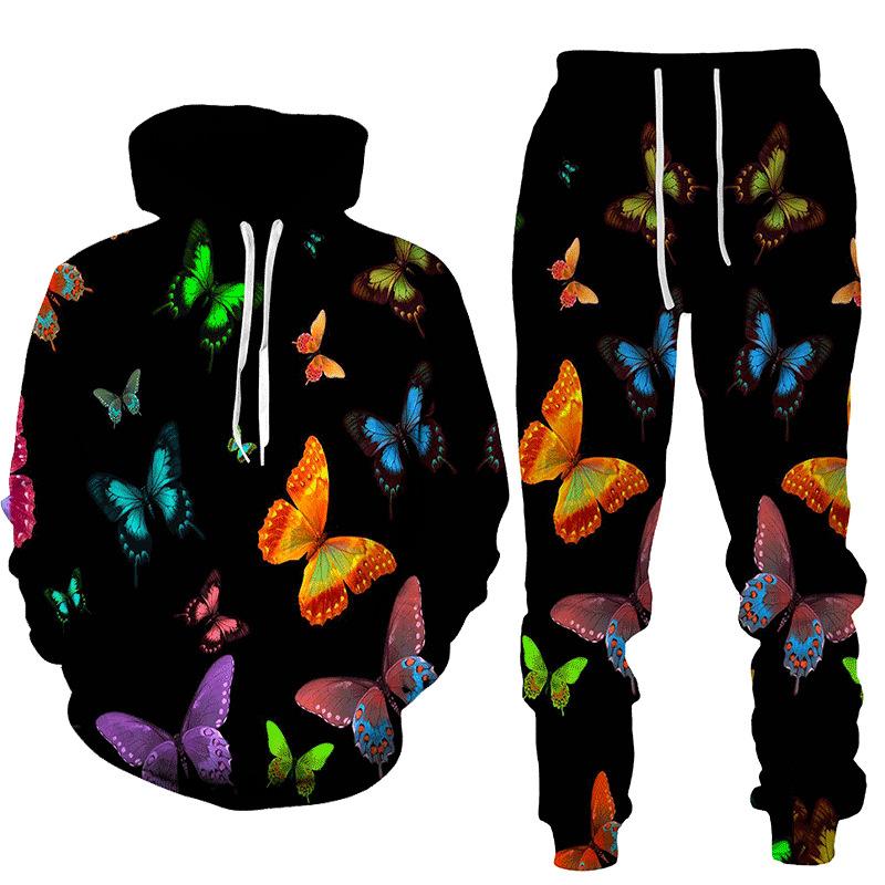 3D Butterfly Printed Men's 2-piece Outfits Casual Men Women Hooded Sweatshirt Suit Autumn Oversized Fashion Tracksuit Pants Sets