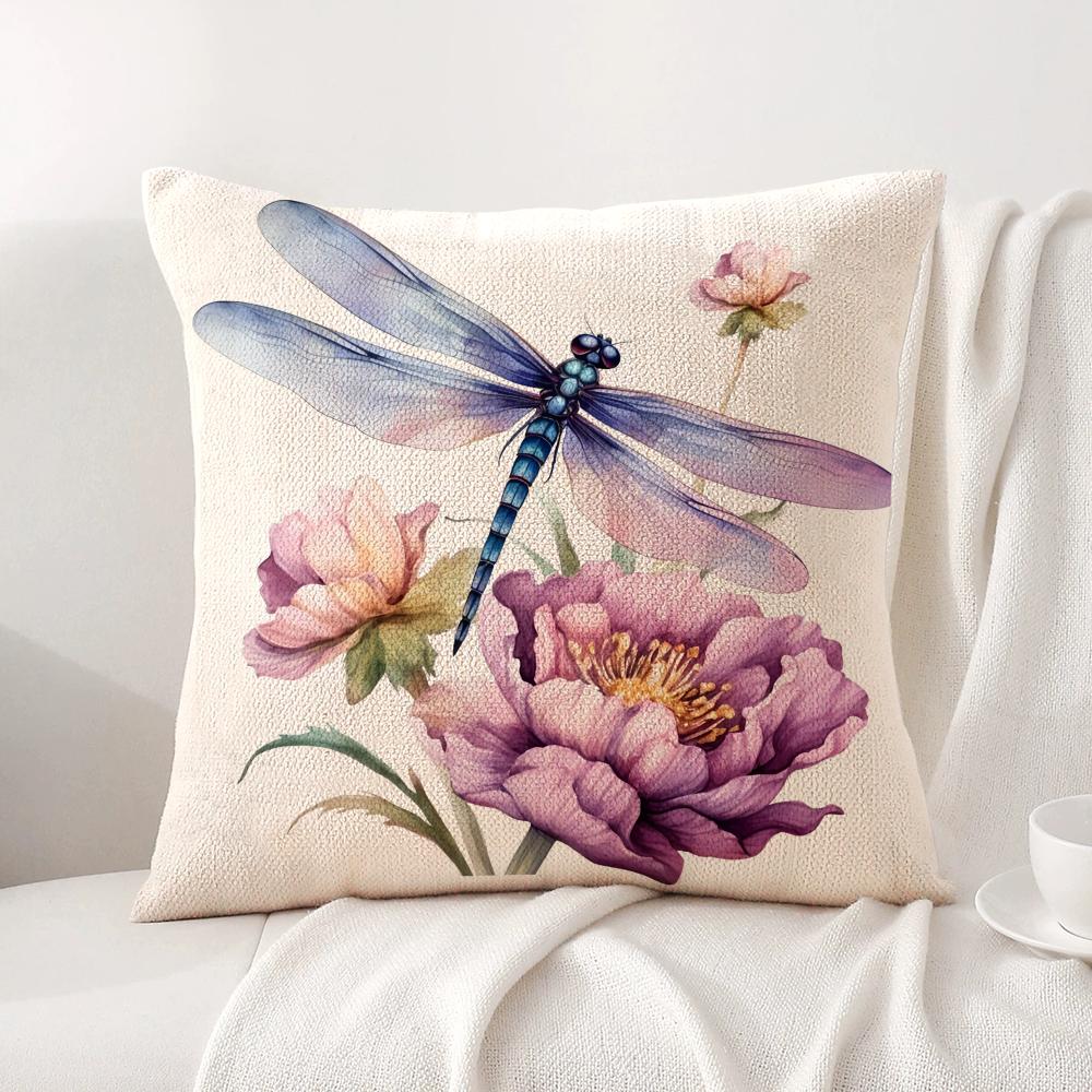 Watercolor Dragonflyflower Cushion Cover Natural Linen Organic Fabric DoubleSided Printing Sofa Home Decor Gift Pillow Cover