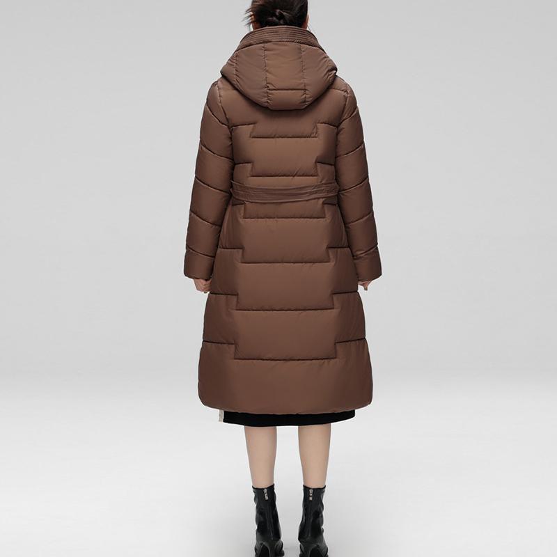 Vinter Dam Lång Dunbomullsjacka med Bälte Tjock Varm Lyxig Slim Huva Parka Kappa