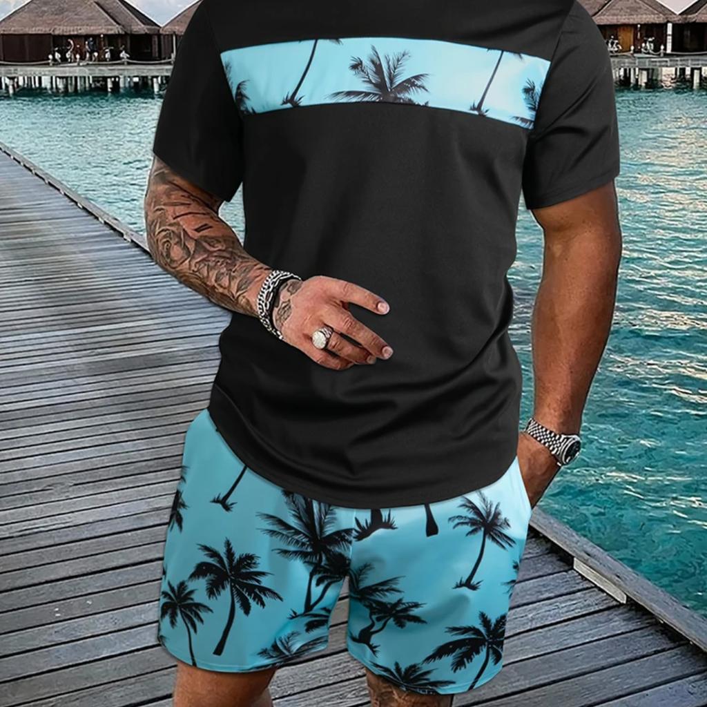 Men's Summer Tropical Coconut Tree Print Graphic Short Sleeve Shorts Set Summer Men's Crew Neck T-Shirt and Drawstring Short Set