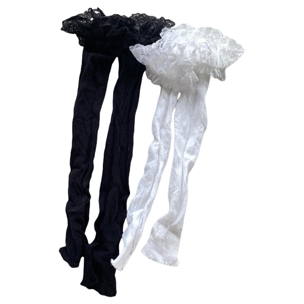 Japanese Fishnet Over the Calf Long Socks for Women Girls Sweet Hollowed Out Flower Mesh Ruffle Lace Trim Knee Stockings