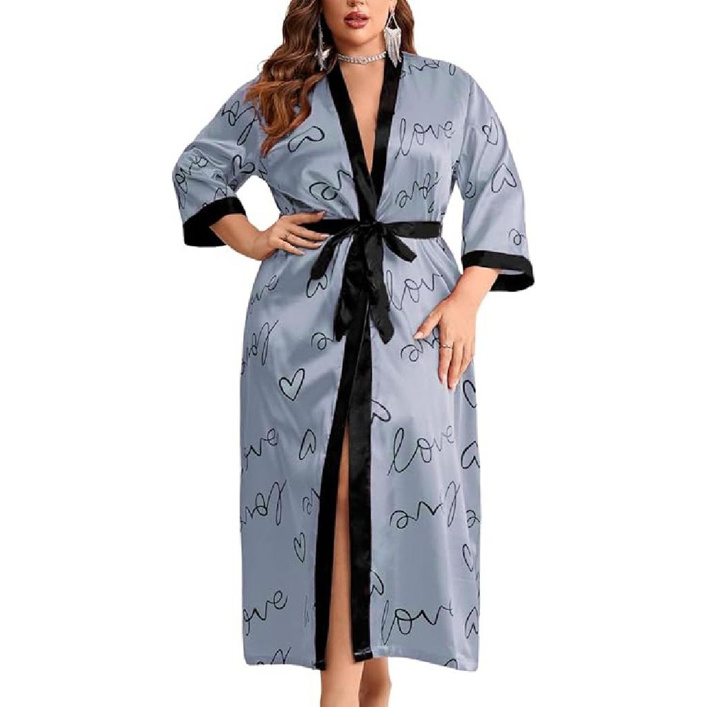 Valentinsdagkåpe i plussstørrelse for kvinner, sexy satengkåpe Langt nattøy