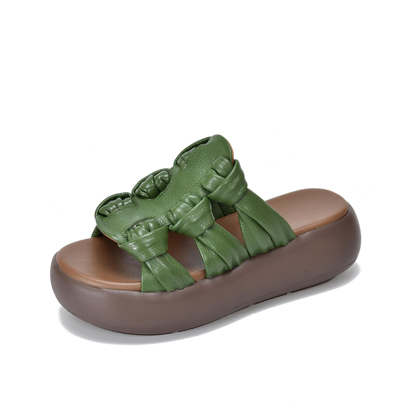 

Johnature Genuine Leather Lightweight Platform Slippers Retro Cowhide Women s Slip-on Shoes 39 зелёный