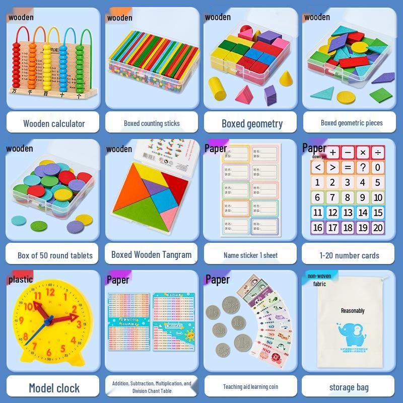 First Grade Math Teaching Aid Set with 3D Geometric Figures and Arithmetic Tools