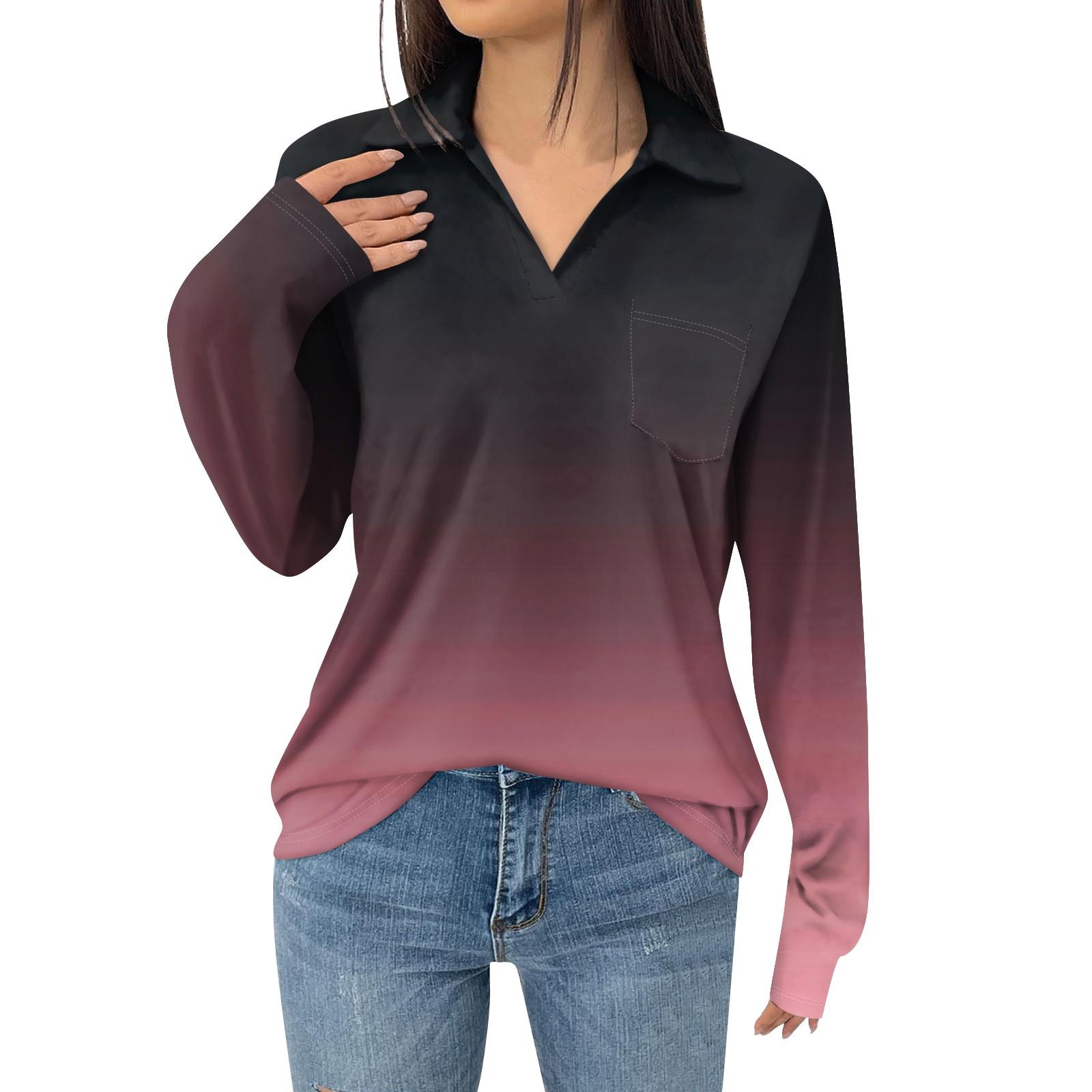 

Женская модная футболка с длинным рукавом и карманом, свободная, с градиентным принтом S