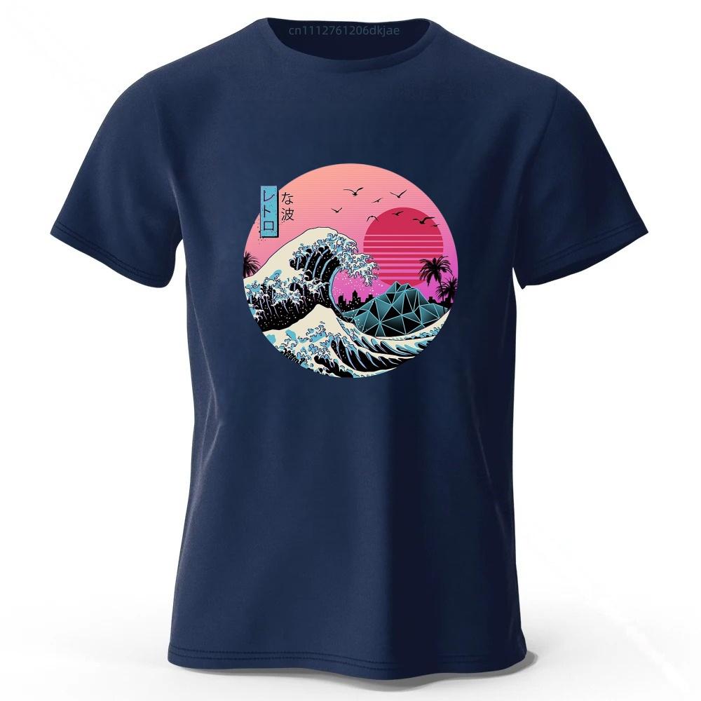 Estética Japonesa Onda Rosa Algodão Puro Manga Curta Masculina Casual Tendência Camiseta Top Solto