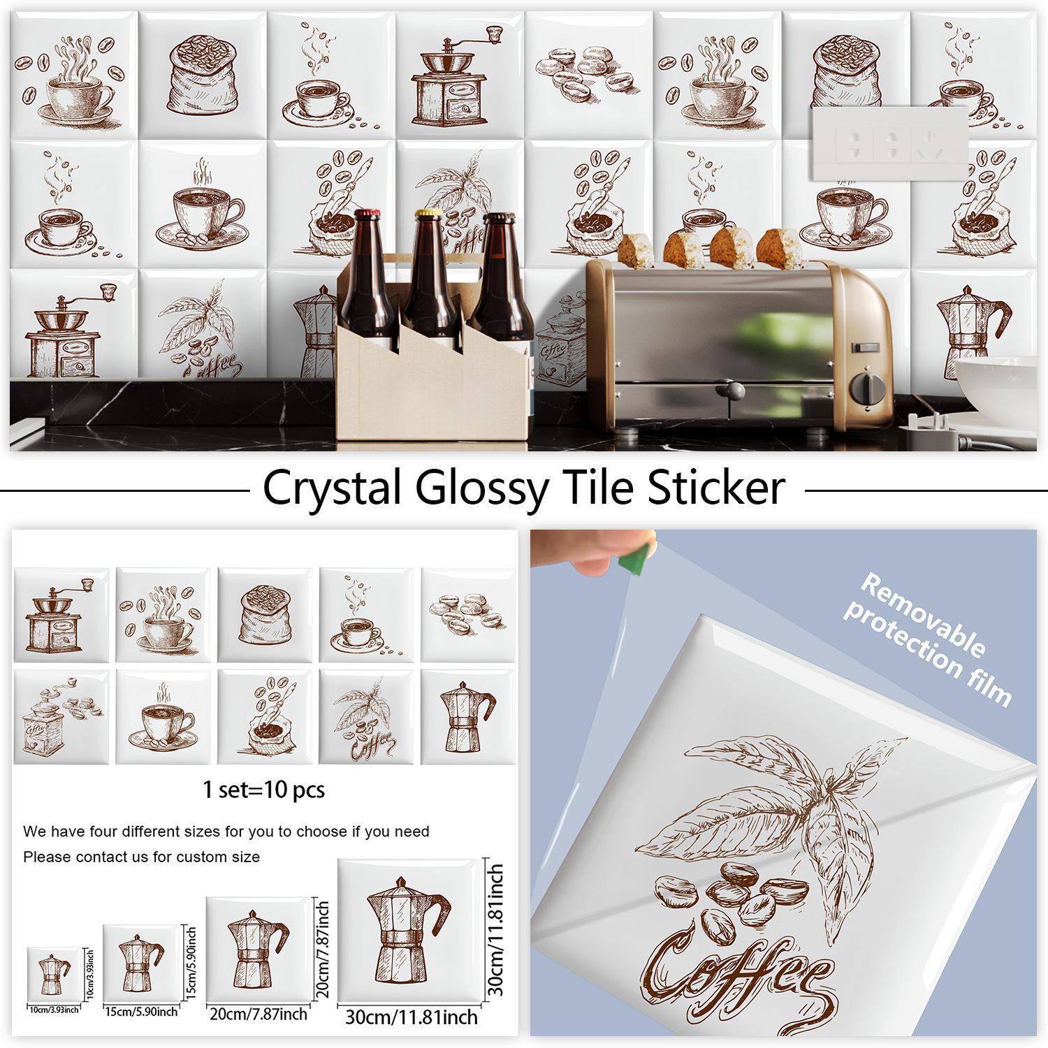 

10Pcs Simple Style Sketch Coffee Wall Stickers Imitation Brick Bedroom Decoration Waterproof Self Adhesive Tile Wallpaper Kitchen Cupboard Decor 10cm×10cm×10pcs
