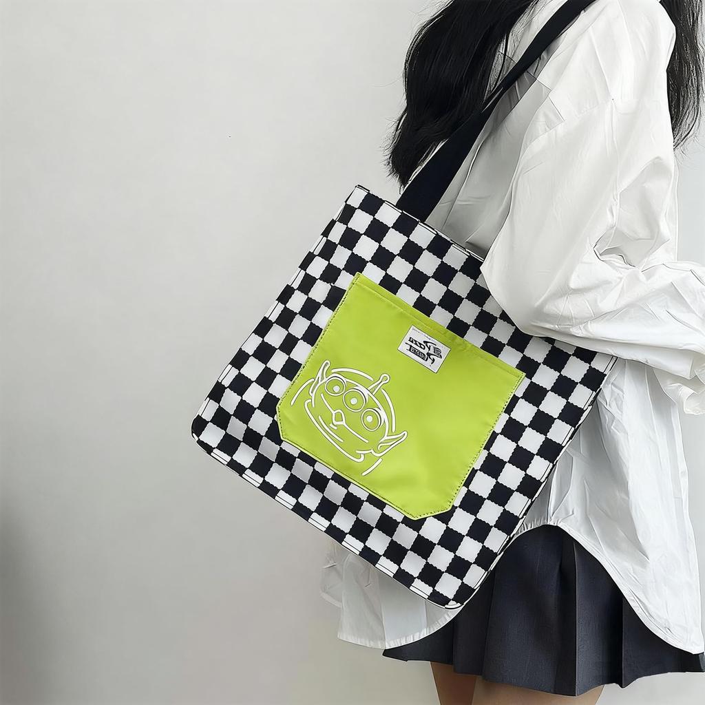 [hgTUP] Little Green Men Tote Bag, Canvas Tote Bag, Large Capacity, Alien Shoulder Bag, Canvas Tote Bag with Zipper and Interior Pocket, Eco Bag, Meet