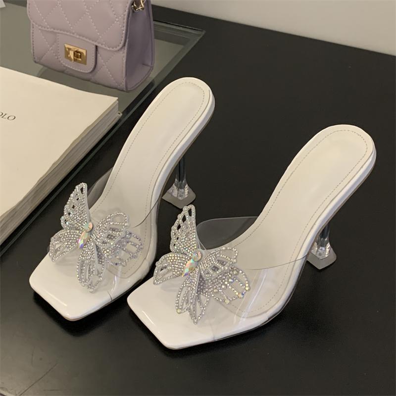 Fashion Eilyken 2025 Summer PVC Transparent Butterfly-knot Square Toe Woman Slippers Fashion Crystal High Heels Slide Shoes