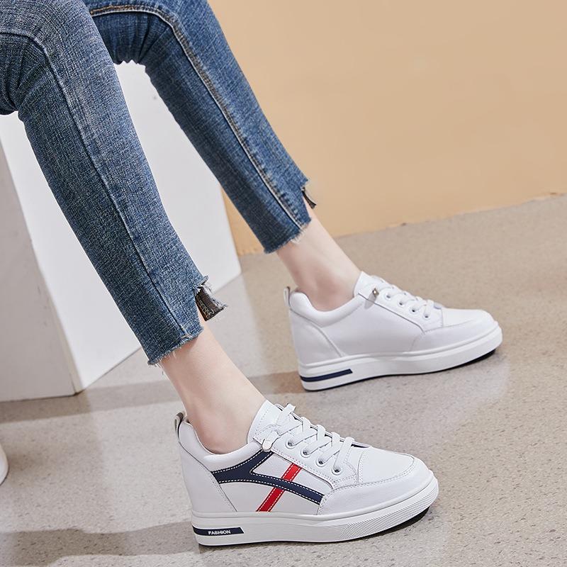 Spring Leather Little White Shoes Women's, Inner Height Increase Lace-up Casual Color Matching Female Student Shoes