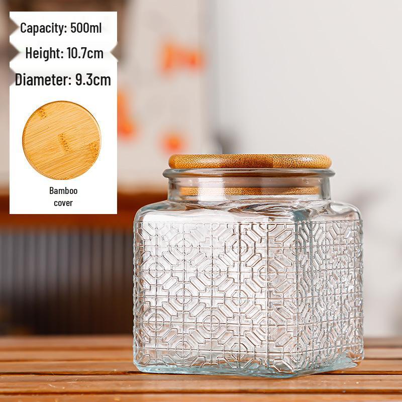 Retro Embossed Glass Storage Jar with Wooden Lid for Coffee, Tea, and Grains