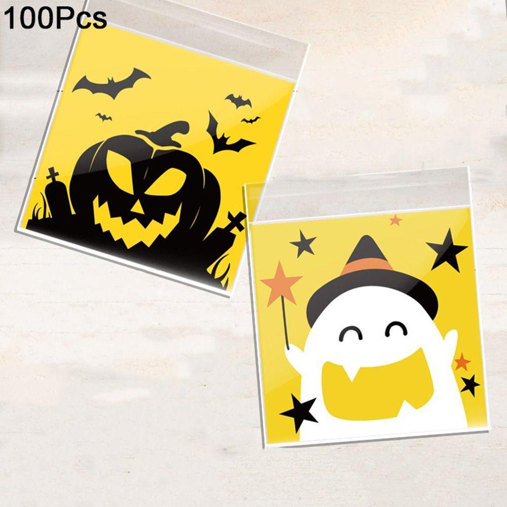 100Pcs Self-adhesive Trick or Treat Bags Plastic Candy Cookie Bags Halloween Candy Bags  Party