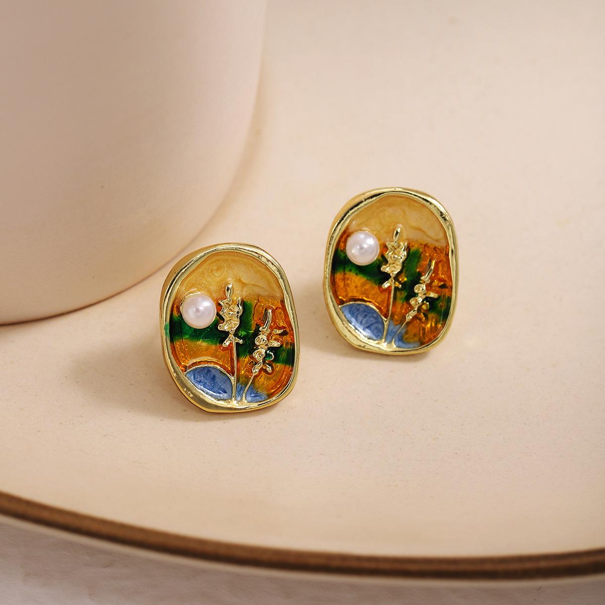 Silver Needle Retro Wheat Ear Earrings with Drip Oil Sunset Pearl