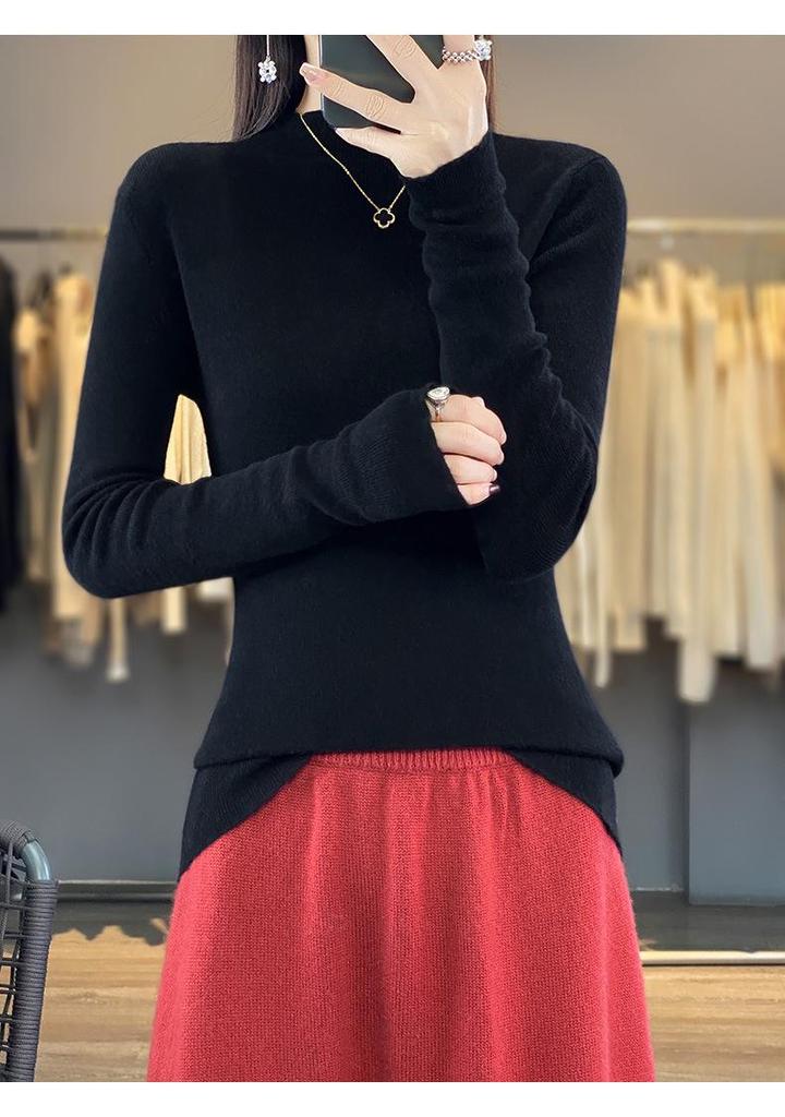 Women's Warm Embroidered High Neck Knit Wool Sweater - Semi-Thin Pullover for Autumn/Winter