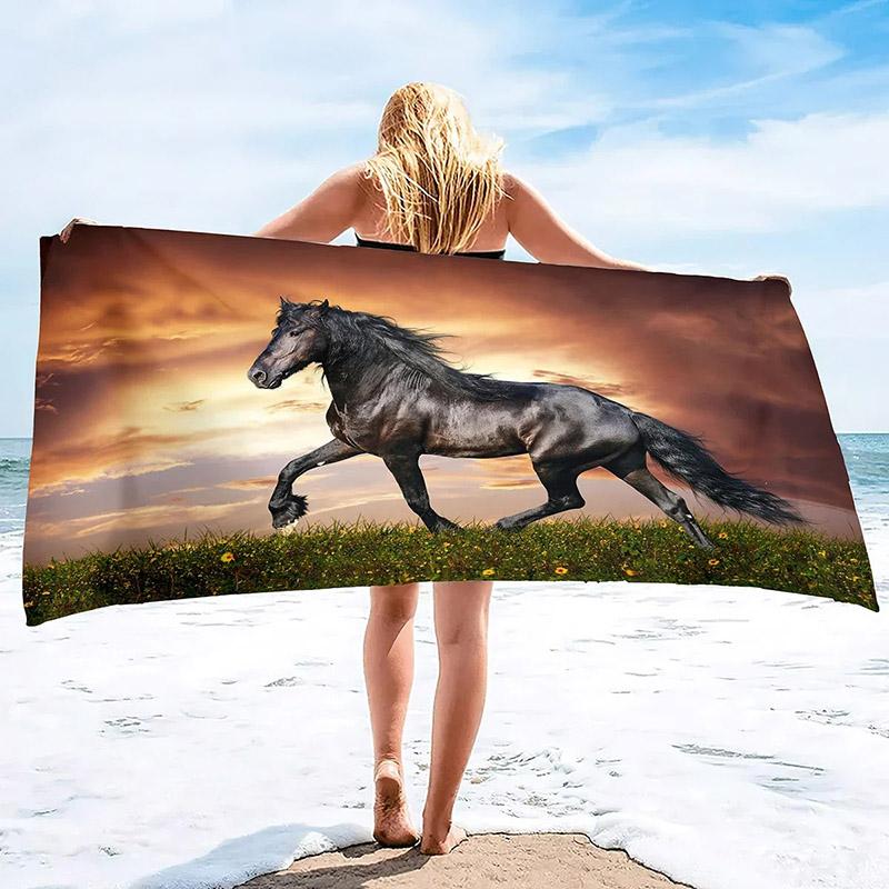 

Running Black Horse Beach Towel Patterned Sunscreen And Windproof Suitable For Swimming Pool Camping Travel Blanket W40*H60(CM)