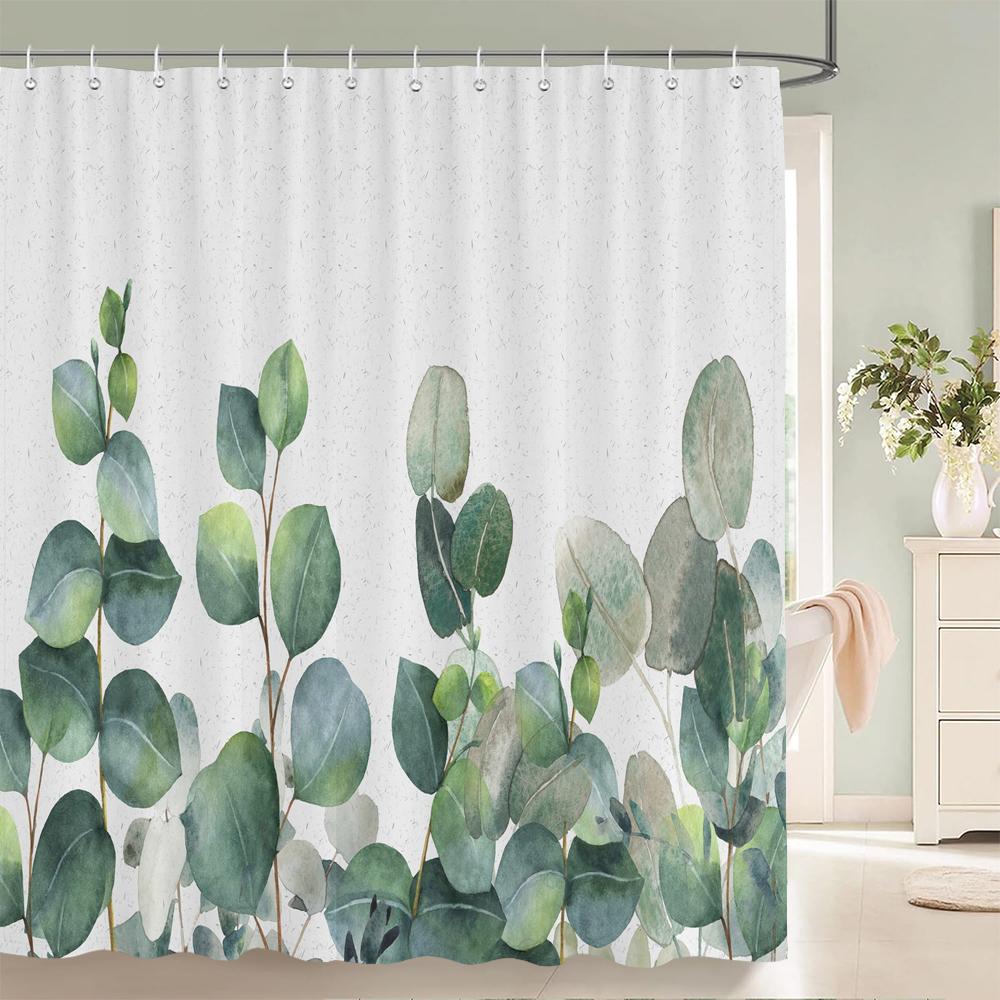 Green Leaf Plants And Flowers Shower Curtain Print Modern Nordic Minimalist Polyster Home Decor Bathroom Curtain With Hooks