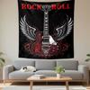Rock and Roll Winged Electric Guitar Wall Tapestry Red Filigree Ornament Black Background Decor for Music Room Man Cave Gift