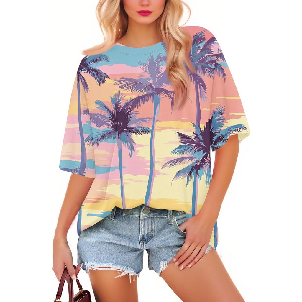 Women's Fashion Casual Floral Loose Round Neck Short Sleeve Trendy Holiday T-shirt Top