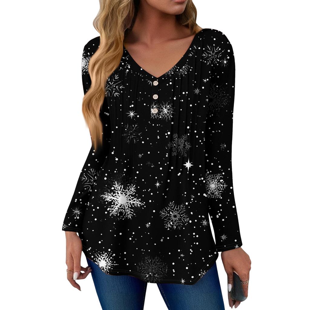 Women's Fashion Casual Christmas Tree Print V-Neck Decorative Button Long Sleeve T-Shirt Top