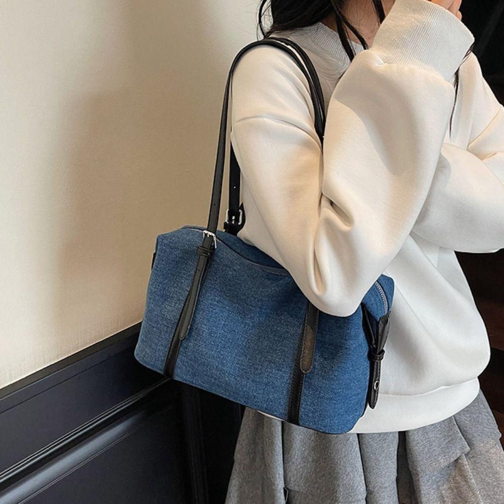 Solid Color Denim Tote Bag Korean Style Underarm Packs Cute Large Capacity Handbag  Women