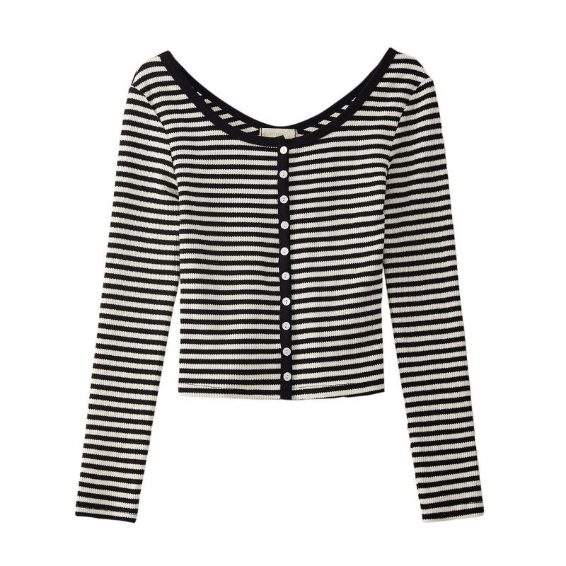 Women S Long Sleeve Striped T Shirt High Waist Short Style With Shell Buttons