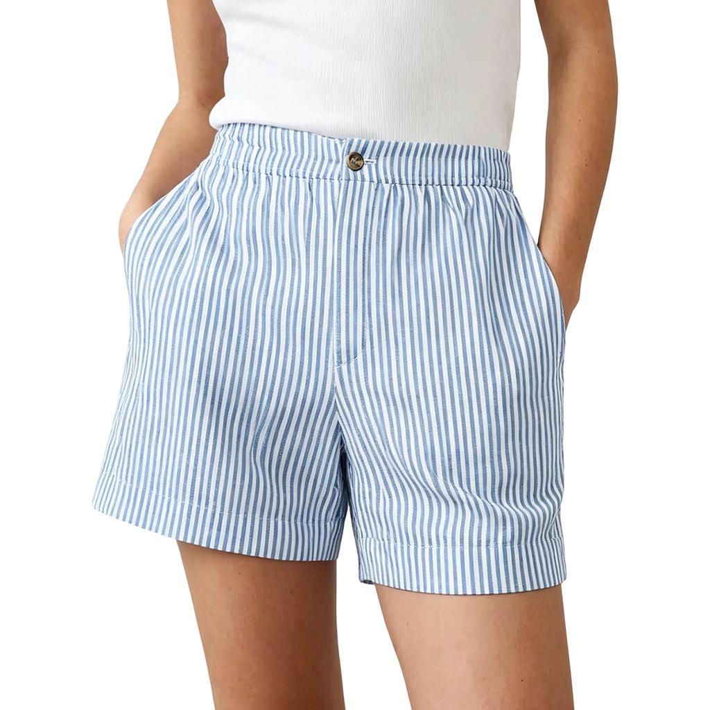 Women's Casual Loose Fit Striped Shorts Elastic Waistband with Button Closure Side Pockets Lightweight Summer Bottoms