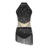 Womens Latin Dance Leotard Sleeveless Mock Neck Patchwork Rhinestones Tassels Adorned Gymnastics Costume