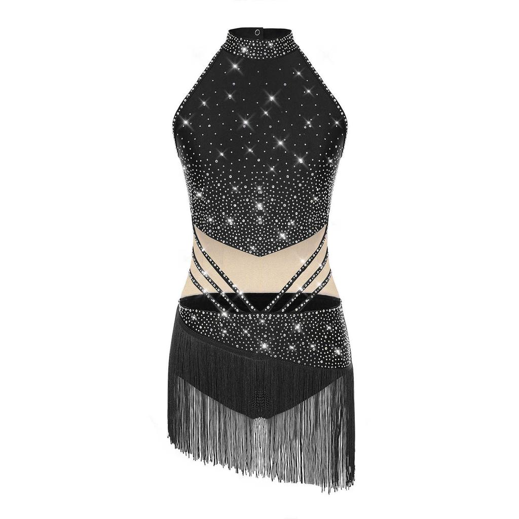 Womens Latin Dance Leotard Sleeveless Mock Neck Patchwork Rhinestones Tassels Adorned Gymnastics Costume