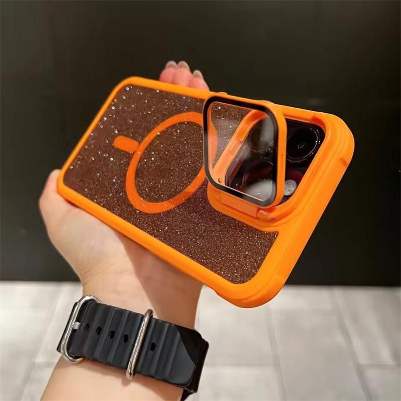 

Роскошный блестящий чехол-кронштейн для камеры iPhone 15 16 Pro Max 14 13 12 11 Pro Max Plus Magsafe Magnetic Transparent PC Cover iPhone 13 оранжевый