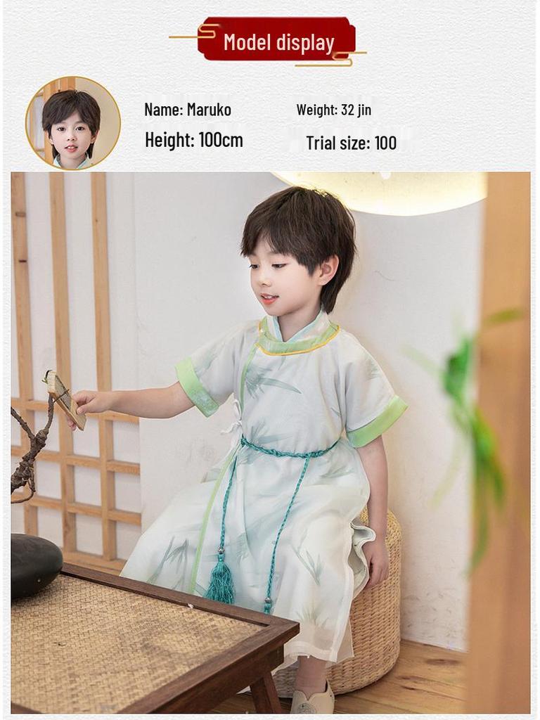 2025 Summer New Children's Bamboo Hanfu Set: Short Sleeve Ancient Chinese Style Robe for Boys.