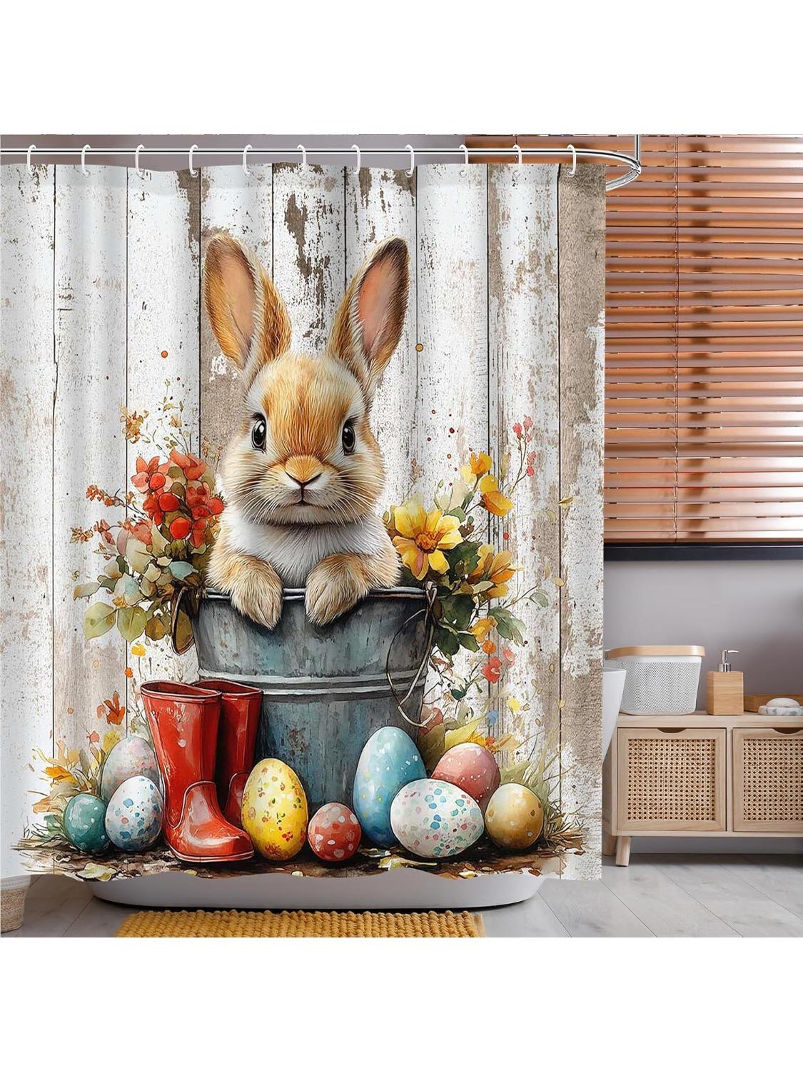 

Easter Shower Curtain Set, Spring Bunny Rabbits Eggs Floral Rustic Wooden Decorative for Bathroom 90x180CM