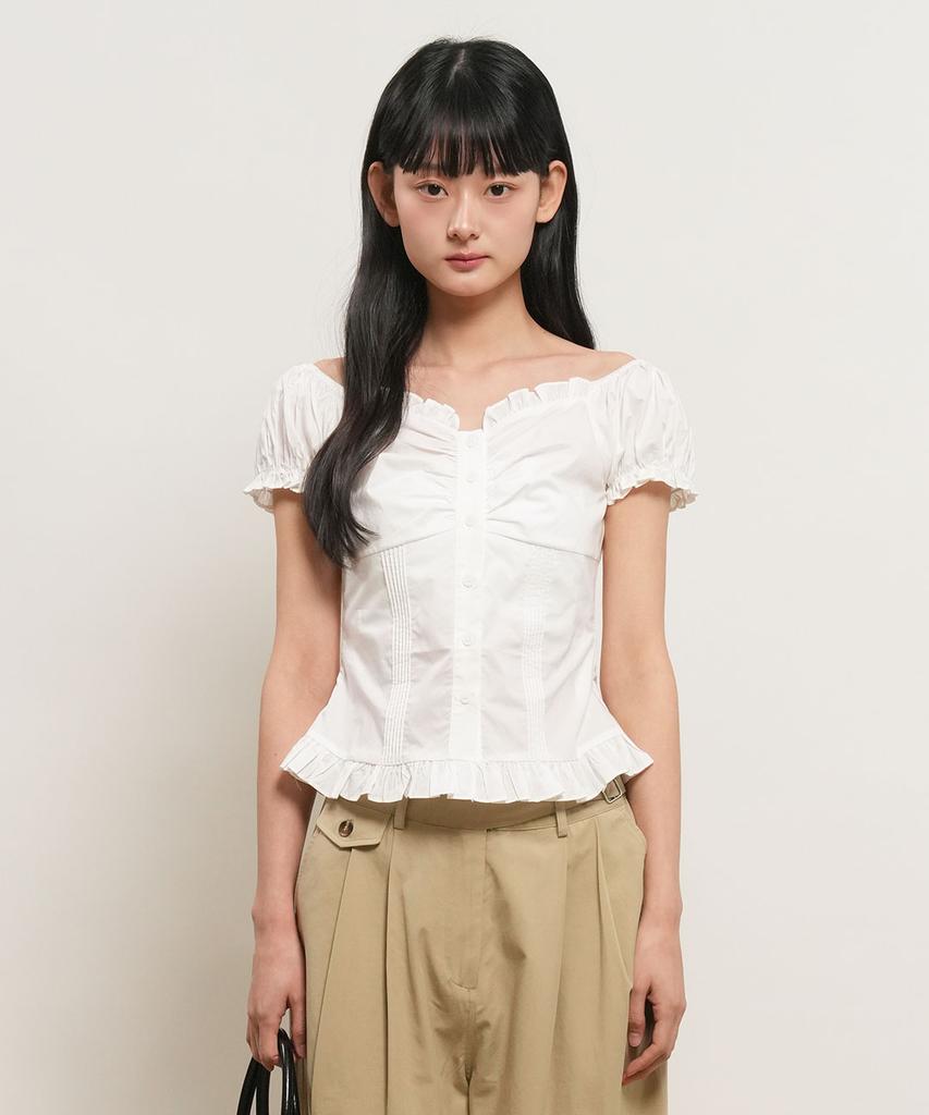 GENERALIDEA Cap Sleeve Heart Neck Shirred Blouse [White] / Wbe2L03530