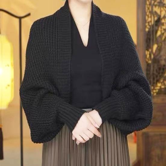 Autumn Winter Knitting Shawl Ribbed Trim Long Sleeve Open Front Shawl Wrap Solid Color Ribbed Trim Cozy Wrap
