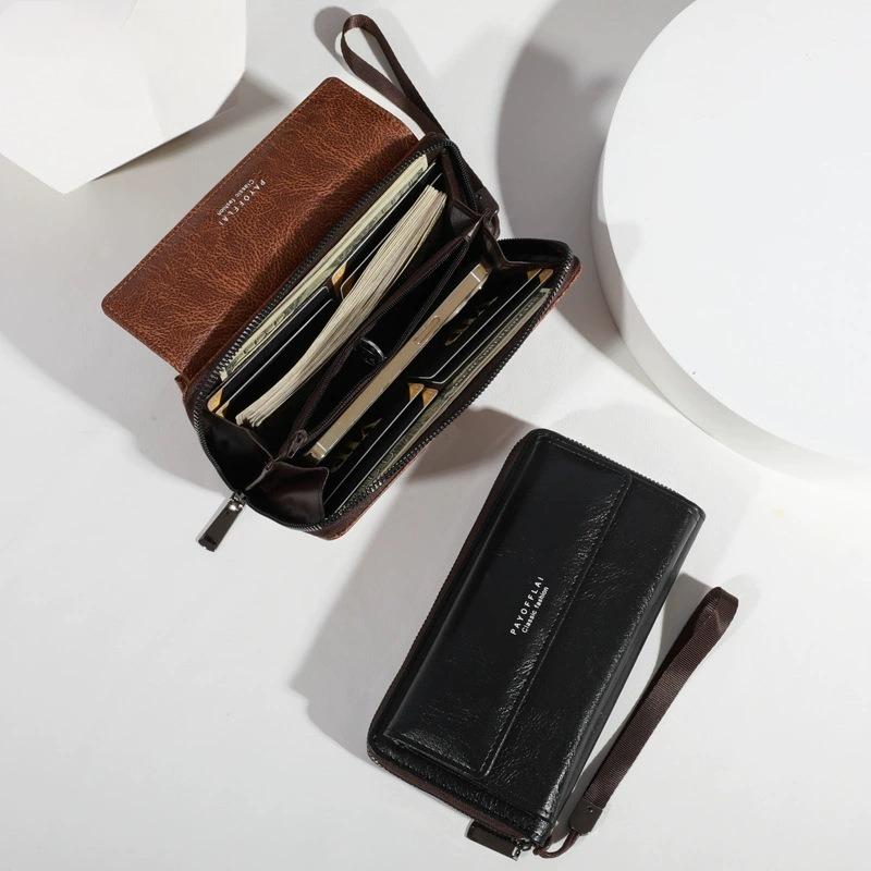 Classic Men's Faux Leather Coin Wallet Double Layer with Snap Closure Zippered Card Holder Large Capacity Long Wallet Clutch Bag
