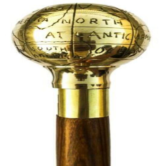 Victorian Design Brass Globe Head Handle Vintage Wooden Walking Stick Cane Gift