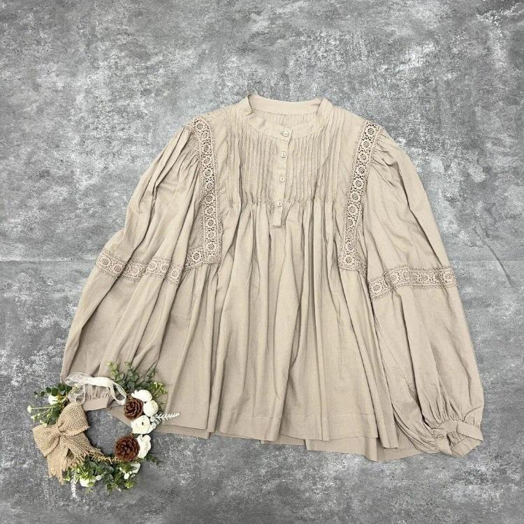 Vintage Mori Autumn Loose Blouse Women Casual Tops Fall Lace Panel Balloon Sleeve Long Sleeve Shirt