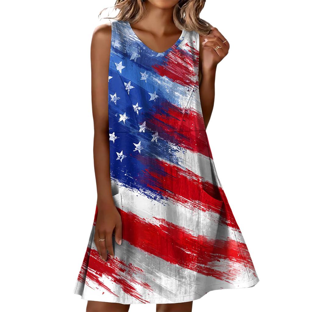 Summer Dresses For Women Loose Beach Vacation Casual Sleeveless V-neck  Sundresses With Pockets Tank Dress