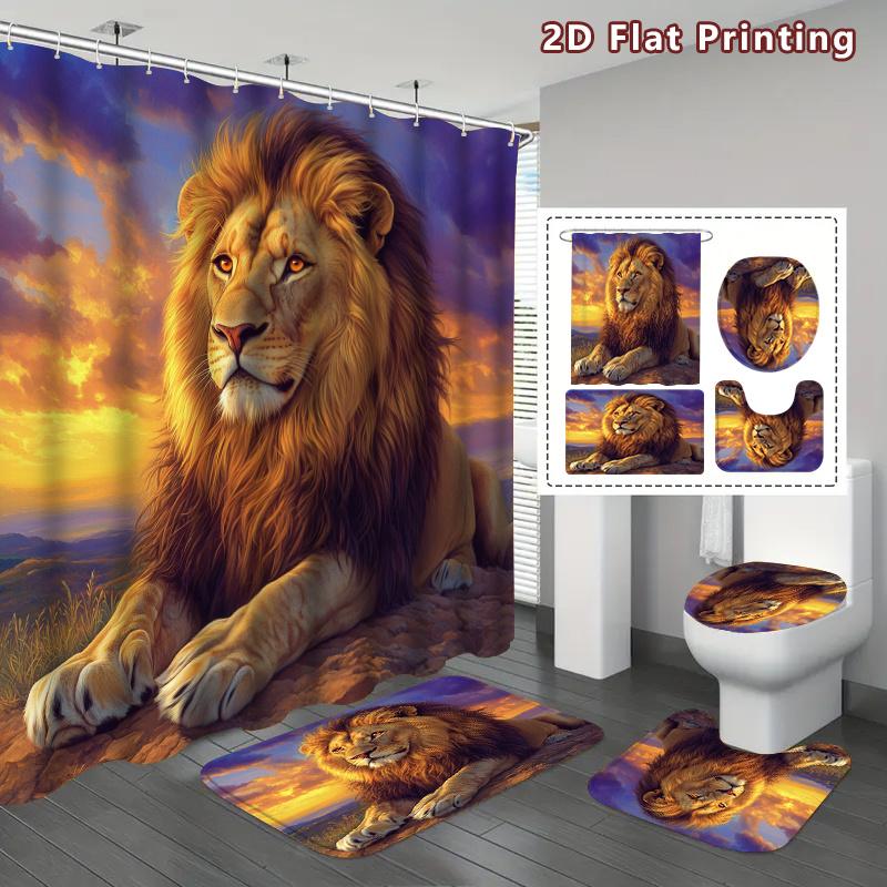 4Pcs Lion Shower Curtain Set with Non-Slip Bath Mat, Toilet Lid Cover, Contour Rug & 12 Hooks, Bathroom Decor