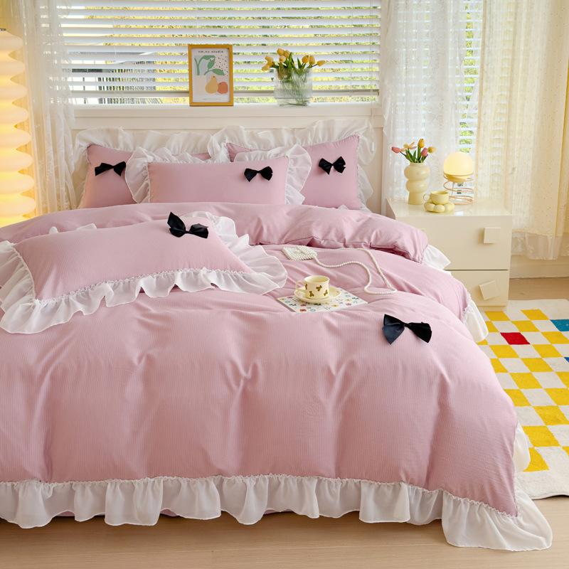 Class A Maternal And Infant Grade Girl Wind Princess Wind Seersucker Bed 4Pcs Set Of Bubble Cotton Lace Four Pieces