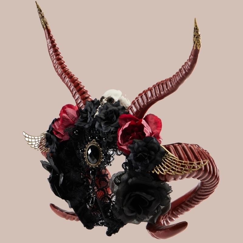 Horn Handmade Animal Gothic Headbands Dark Lace Hair Hoop for Live Shows