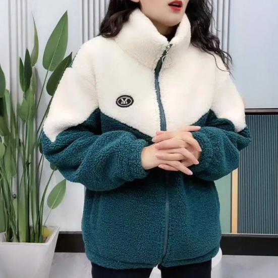 Women's Fuzzy Fleece Jacket Zip Up Stand Collar Sherpa Coat Fall Winter Color Block Warm Outerwear with Pockets