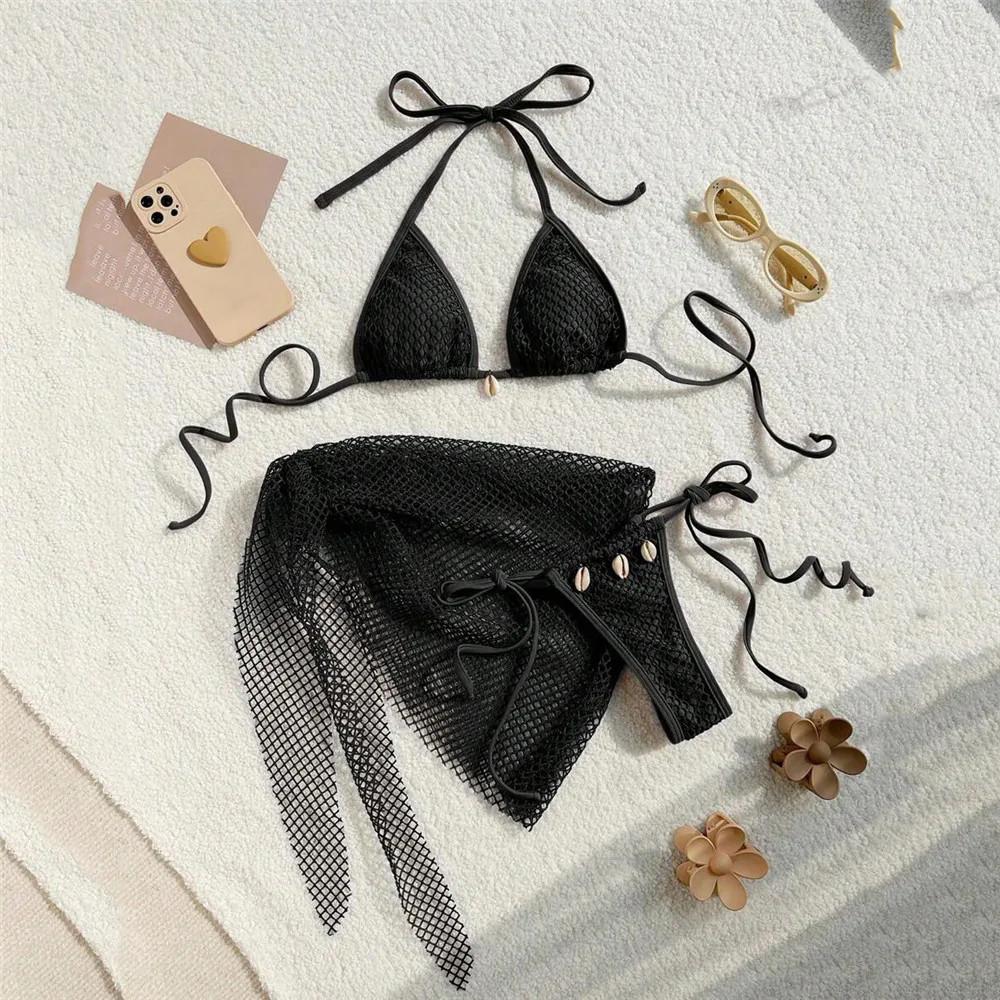 Sexy Brown Mesh Swimsuit Cover Ups Women Triangle String Micro Bikini Thong Halter Swimwear Bathing Suit 3 Piece Bikini Set 2025