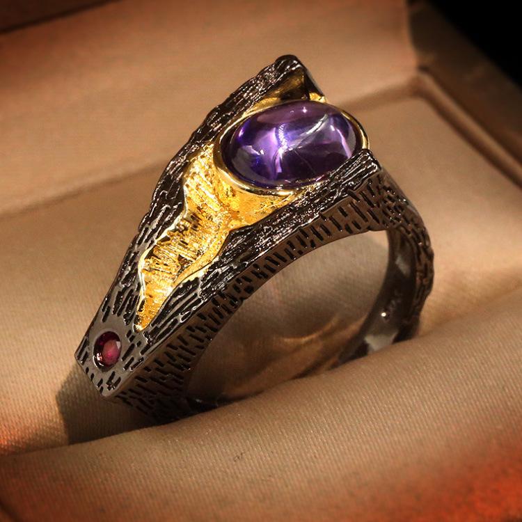 Vintage Black Gold Purple Gemstone Ring Ladies Pop Wedding Party Prom Jewelry