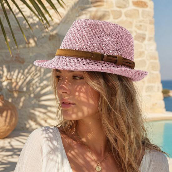 Summer Sun Protection Jazz Hat, Hand-Knitted Breathable Mesh Hat, Hand-made Hollow Braided Hat with Belt Decor