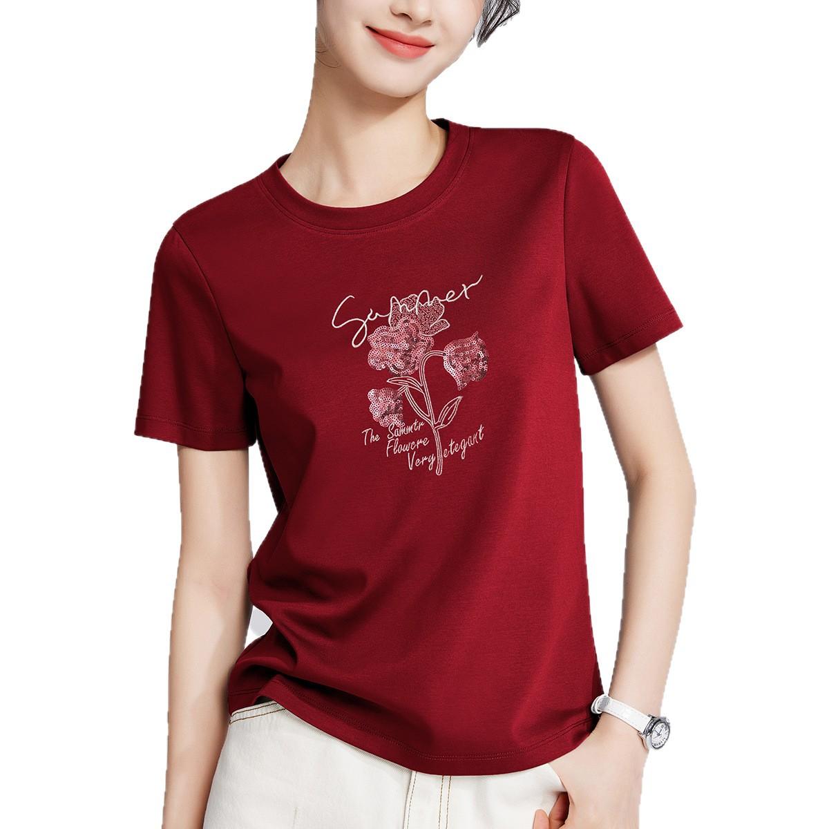 

Шелковистый хлопок с пайетками, вышитая футболка обычного кроя для женщин, топ с круглым вырезом и короткими рукавами XXXL бордовый